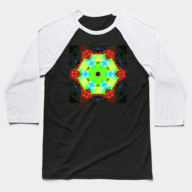 Retro Mandala Flower Green Red and Blue Baseball T-Shirt by WormholeOrbital